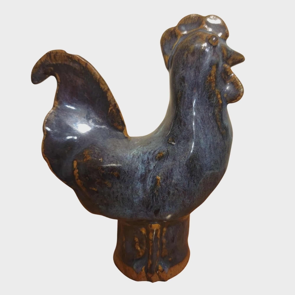 Georgian Folk Art Stoneware Pottery Rooster Signed 6" × 6"